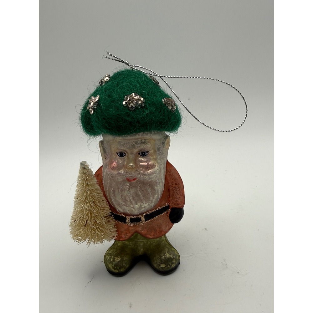 Mercury Glass Gnome Christmas Ornament Green Felt Sequin Hat Bottle Brush New